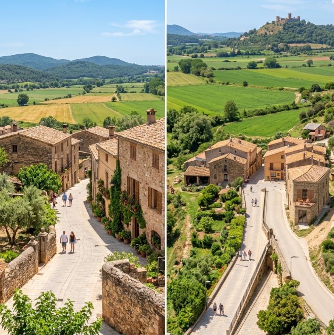Vistas de las zonas arboladas, la arquitectura residencial y la imponente naturaleza de la Vall del Tenes